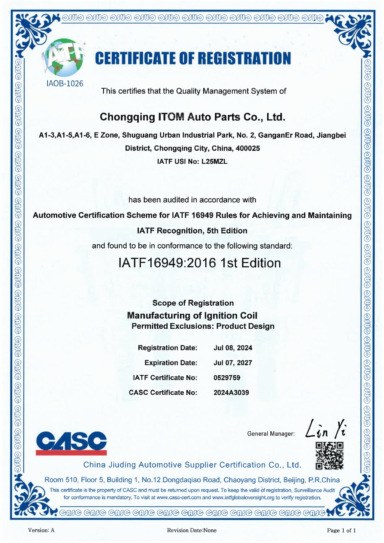 ITOM IATF 16949 certificate in English